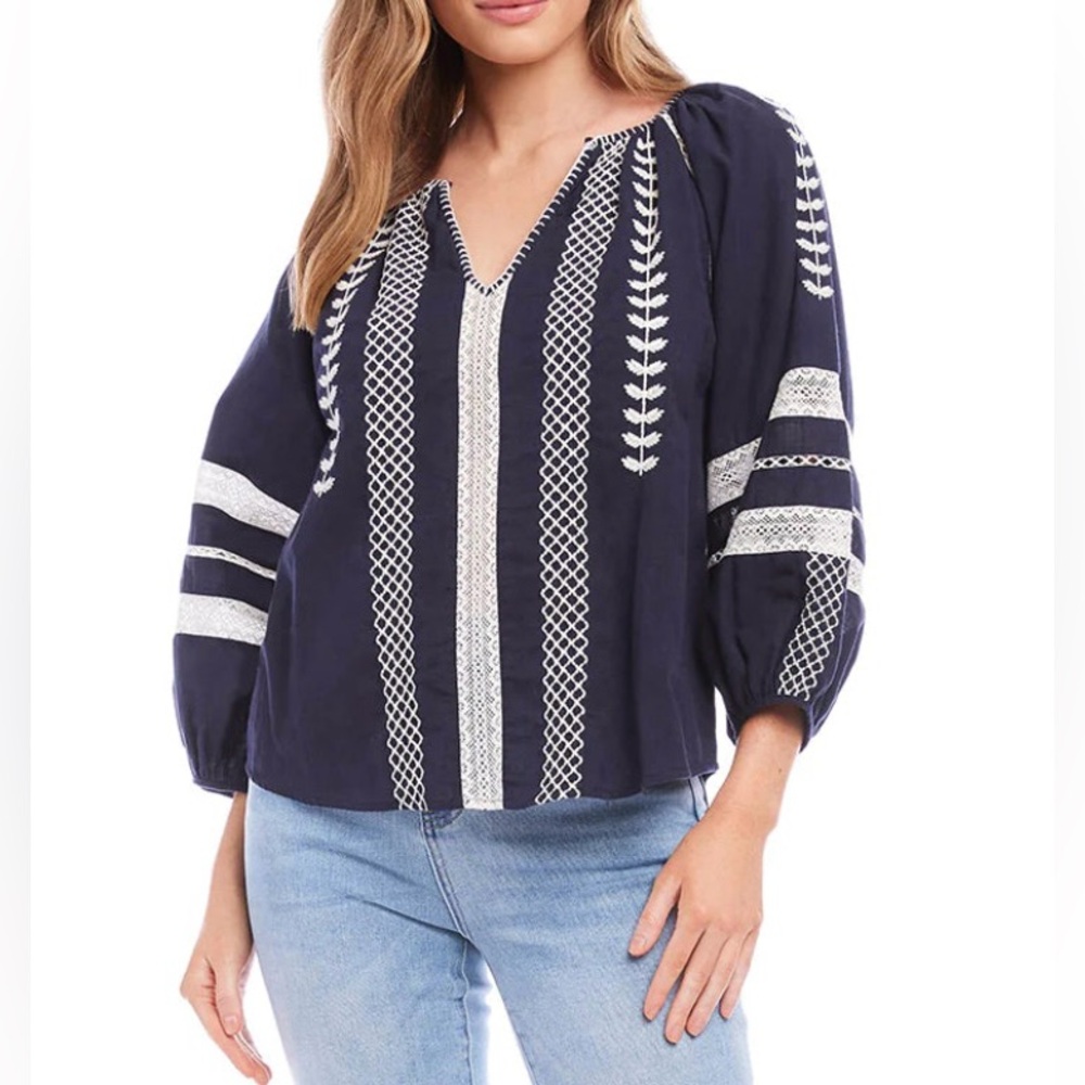 Karen Kane Nora Navy & White Embroidered Peasant Top size L